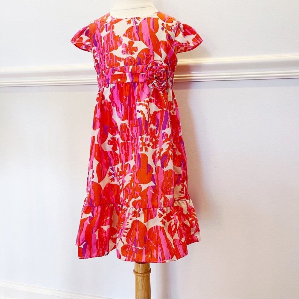 DKNY Pink & Purple Floral Short Sleeve Girls Party Dress Ruffle Hem Sz 6